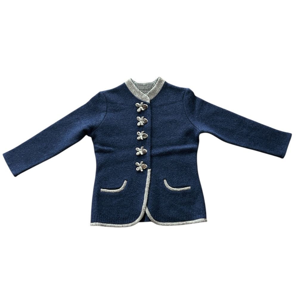 Handstrickerei Irmtraud Lanz Blue Wool Jacket Beige Trim Women’s L - Picture 16 of 16
